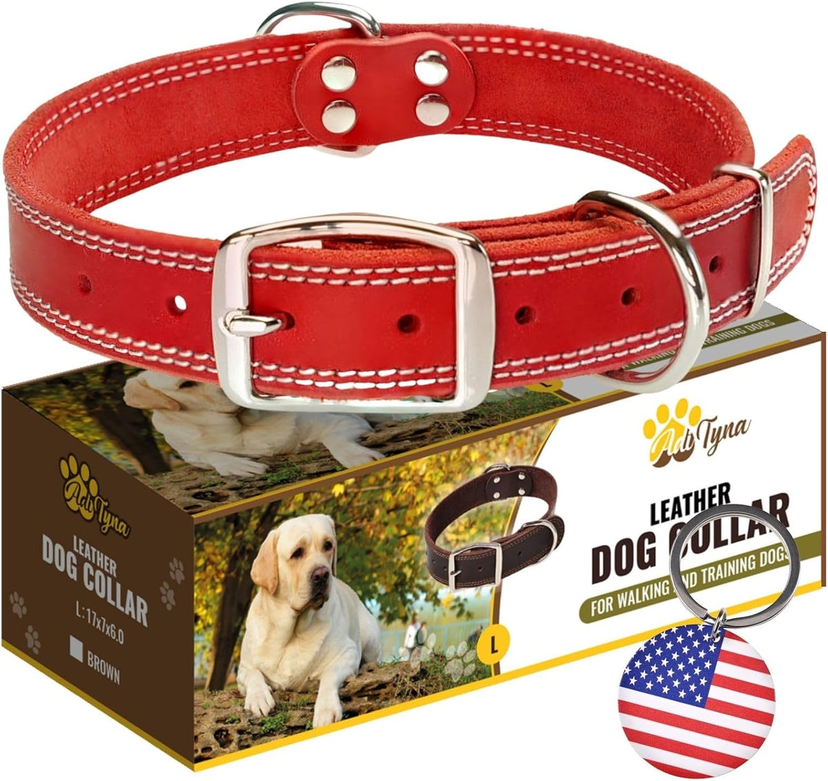 ADITYNA Heavy-Duty Leather Dog Collar for Medium Dogs - Soft and Strong, 100% Genuine Leather - Collier Pour Chien (Medium: Fit 13" - 20" Neck, Brown) - PuriLite