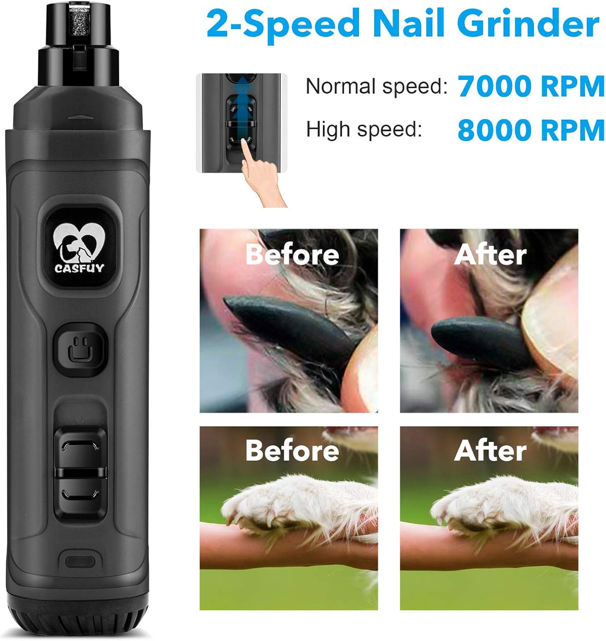 Casfuy Dog Nail Grinder with 2 LED Light - New Version 2-Speed Powerful Electric Pet Nail Trimmer Professional Quiet Painless Paws Grooming & Smoothing for Small Medium Large Dogs and Cats (Blue) - PuriLite