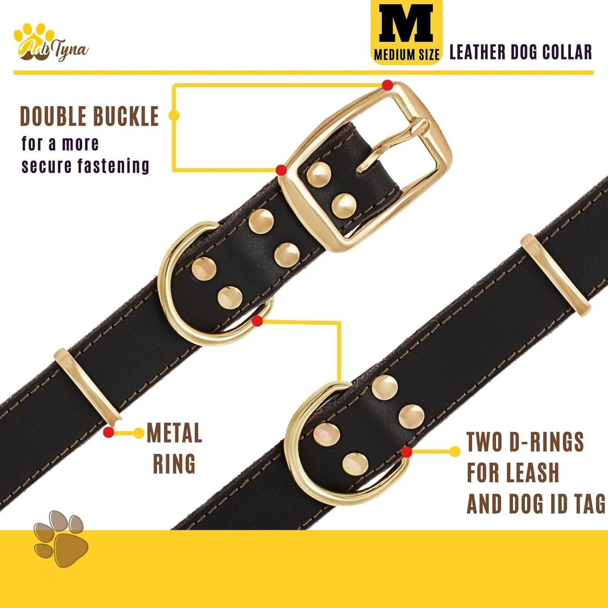 ADITYNA Heavy-Duty Leather Dog Collar for Medium Dogs - Soft and Strong, 100% Genuine Leather - Collier Pour Chien (Medium: Fit 13" - 20" Neck, Brown) - PuriLite