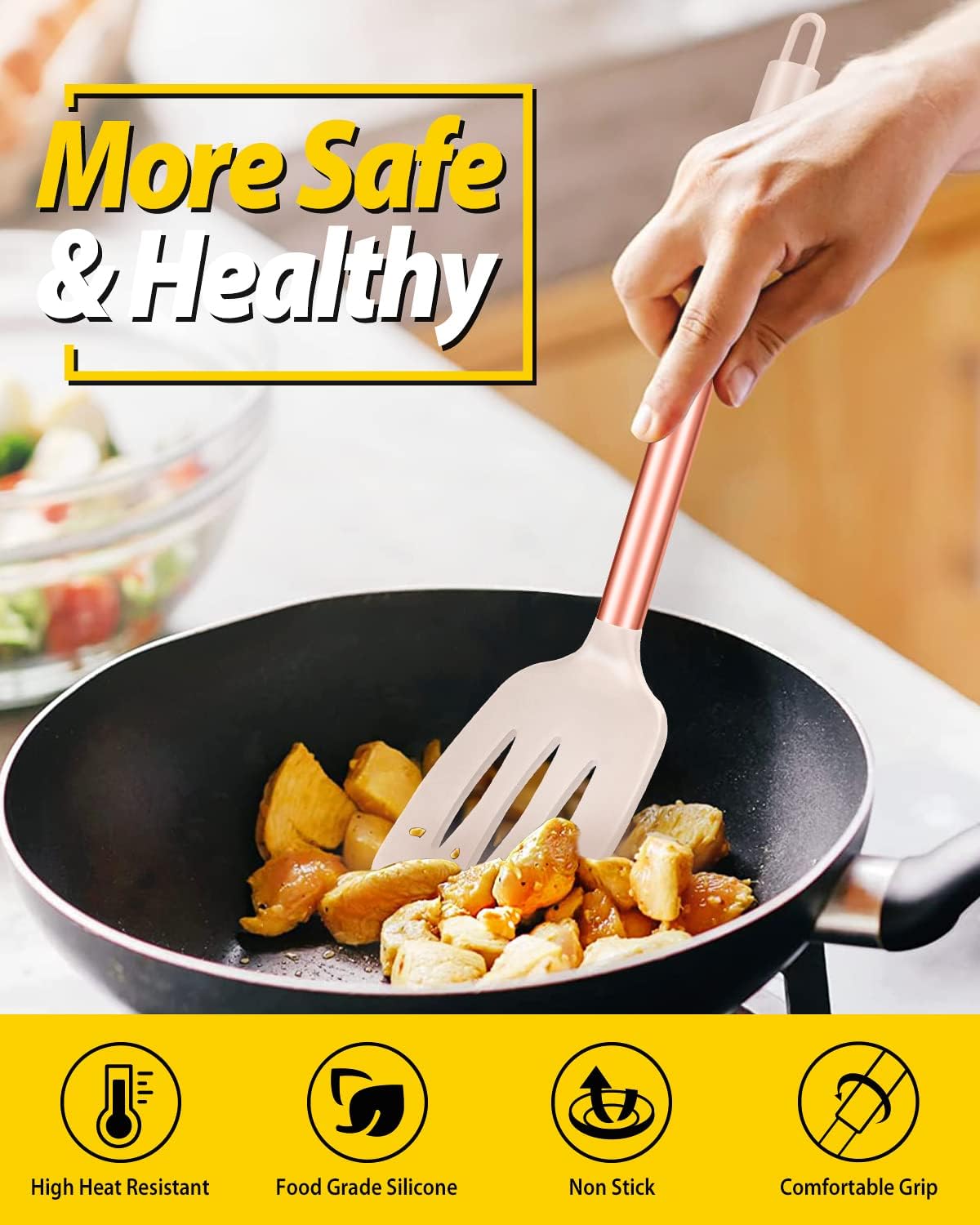 Pack of 2 Silicone Slotted Spatula,Non Stick Solid Kitchen Turner, High Heat Resistant BPA Free Cooking Utensils for Fish, Eggs, Pancakes（Black - PuriLite