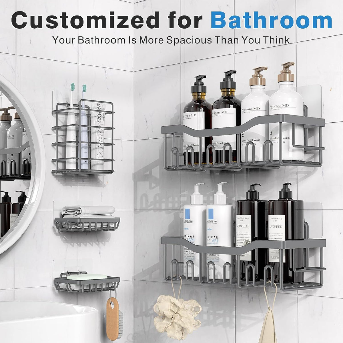 EUDELE 5-Pack Rustproof Stainless Steel Shower Caddy – No Drill Adhesive Bathroom Organizer with Large Capacity, Spacious Shower Shelves for Inside Shower, Kitchen & Home Decor Storage - PuriLite