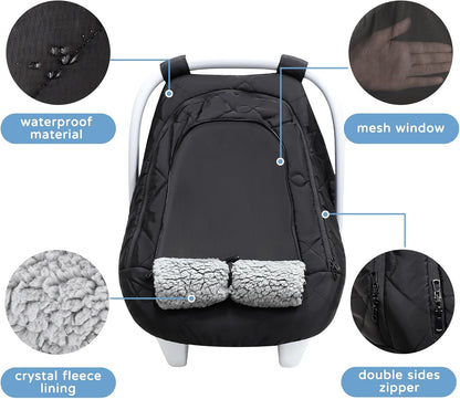 Winter Car Seat Cover for Baby Girl & Boy – Waterproof Infant Car Seat Canopy with Breathable Mesh, Thick Warm Fleece, Weather-Resistant Baby Winter Essential for Stroller & Carrier, Universal Fit, Black - PuriLite