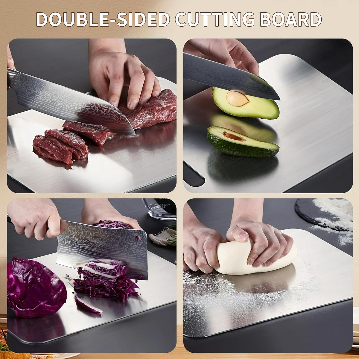Set of Three Double-Sided Cutting Boards,304 Stainless Steel Cutting Board,Stainless Steel Cutting Board for Vegetables, Meat and Fruit - PuriLite