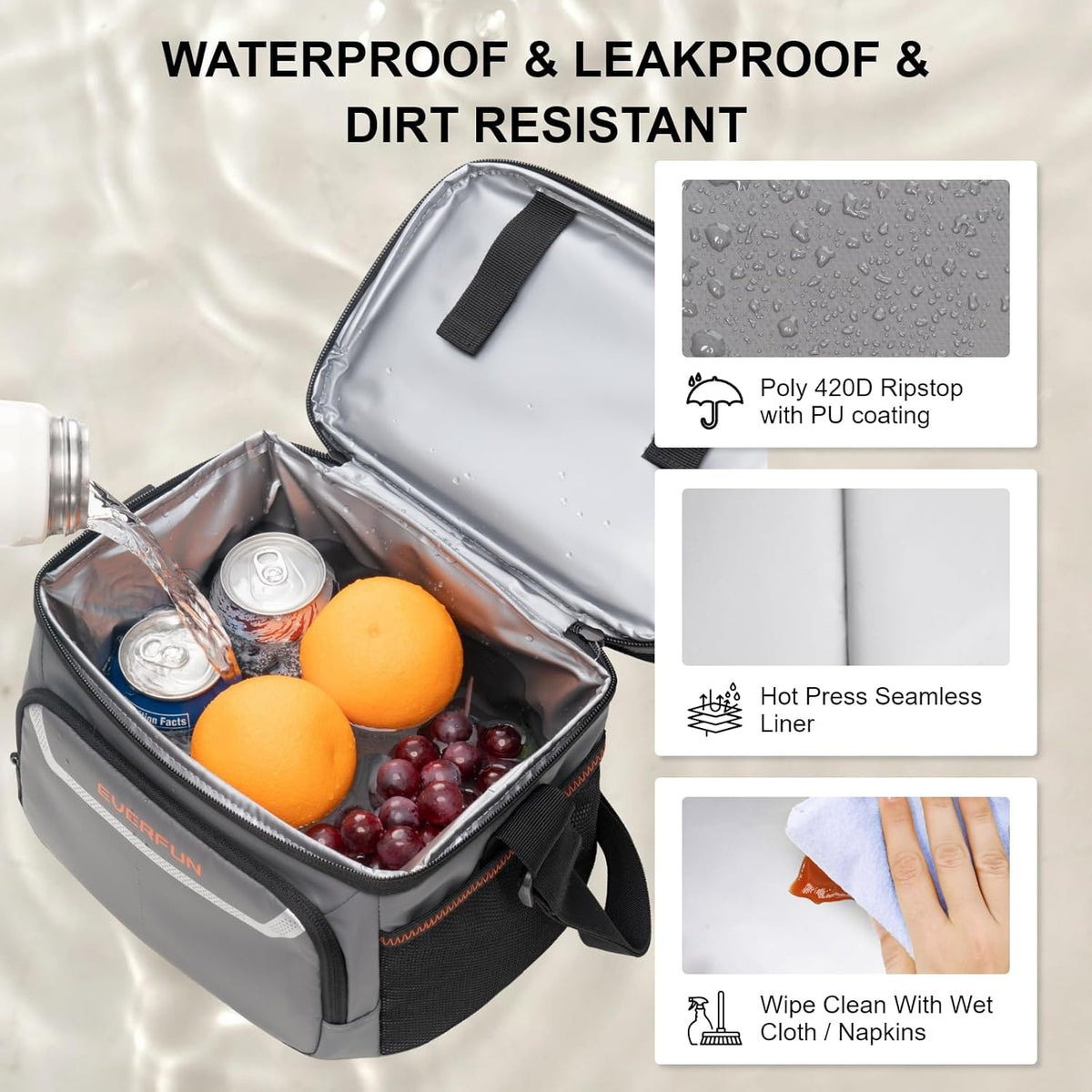 EVERFUN Cooler Bag Insulated Beach Cooler Lunch Bag Box for Men Women Dual Compartments Collapsible Waterproof Leak-Proof for Travel Work Picnic - PuriLite