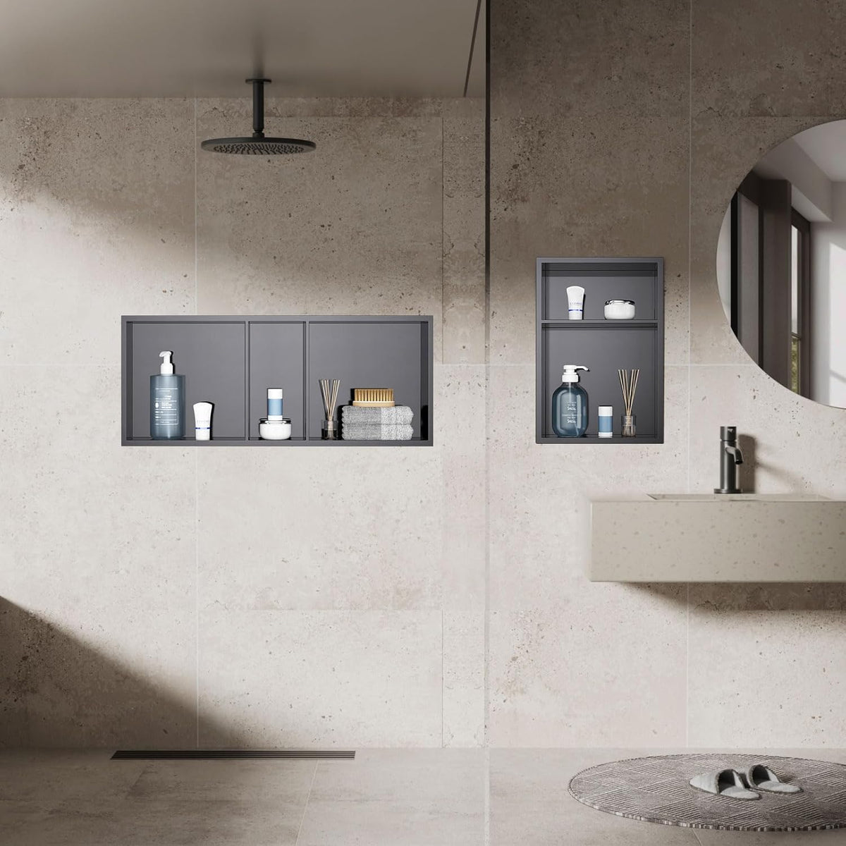 MENATT No Tile Shower Niche, Stainless Steel Wall Niche 13"X19"(Inner Size 12"X18"), Two-Tier Bathroom Shelf, NO Tile Needed Recessed Niche Shower for Bathroom Storage, Black - PuriLite