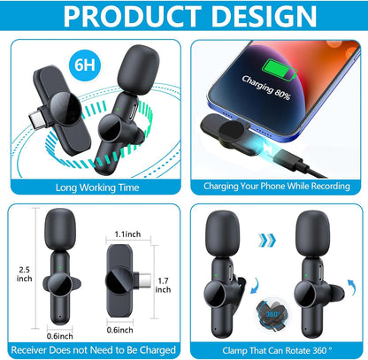 2 Pack Wireless Lavalier Microphone for iPhone iPad, RICCHI Mini Microphone Plug-Play Wireless Mic for Video Recording, Interview, YouTube, Facebook, TikTok, Auto Sync and Noise Reduction - PuriLite