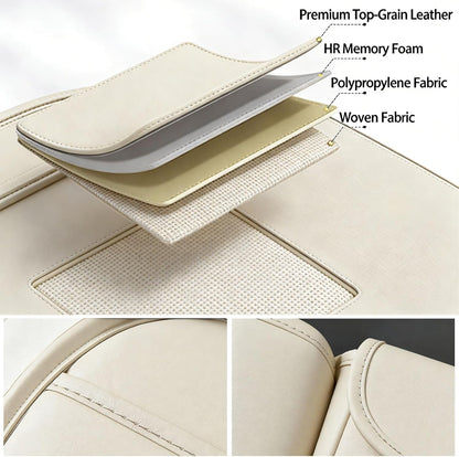 Universal Premium Leather Foldable Car Backseat Organizer with Table Tray, Car Seat Back Protector with Garbage Bag Touch Screen Pad Holder, Car Kick Mats Protector with Tissue Holder (Beige)