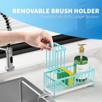 Cisily Sponge Holder for Kitchen Sink, Sink Caddy with High Brush Holder, Organzier Rustproof 304 Stainless Steel Dish Organizer Divider, Soap Dispenser Storage (Black) - PuriLite