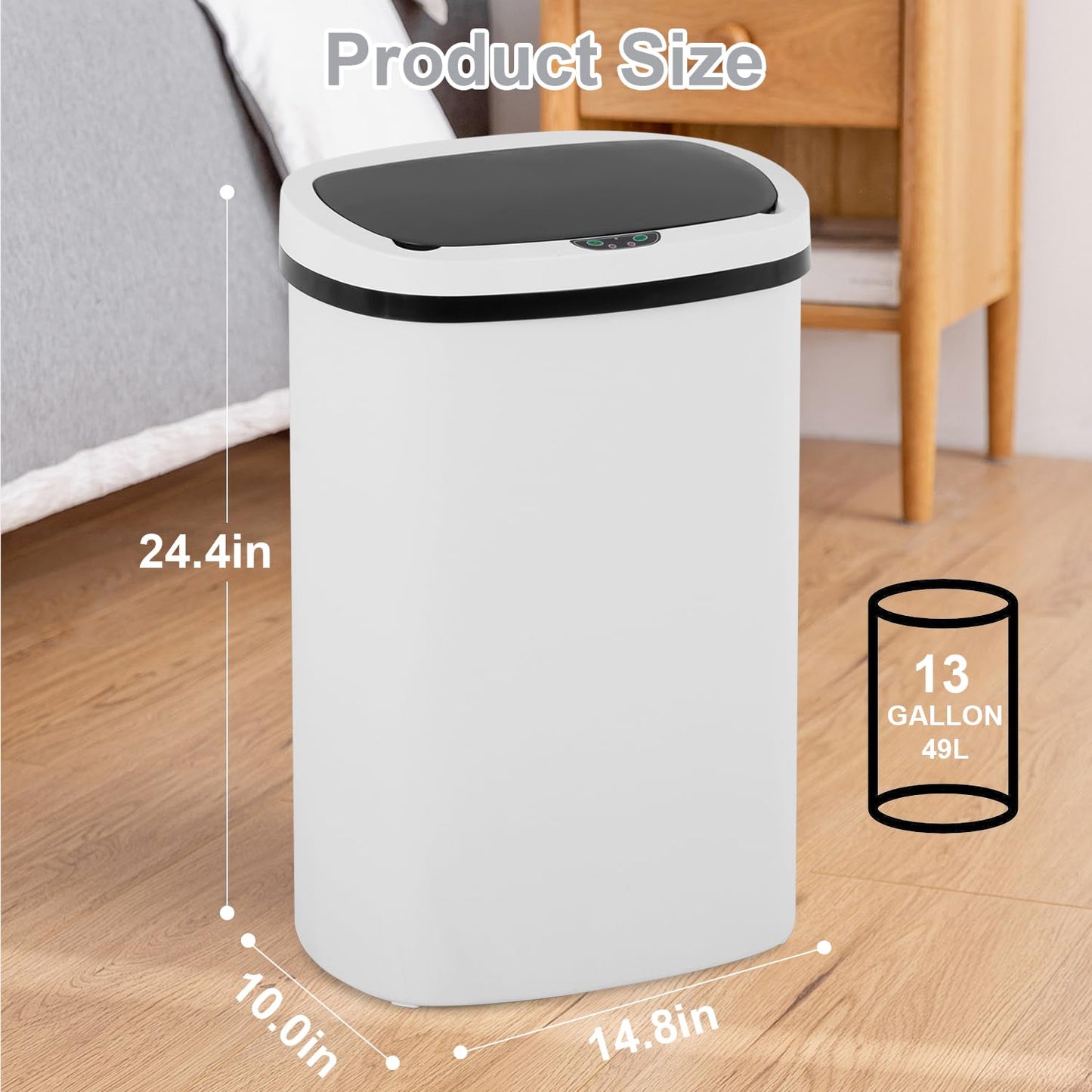 13 Gallon 50 Liter Garbage Can Kitchen Trash Can with Lid Automatic Sensor Touch Free Stainless Steel Waste Bin for Bathroom Bedroom Home Office,Black - PuriLite