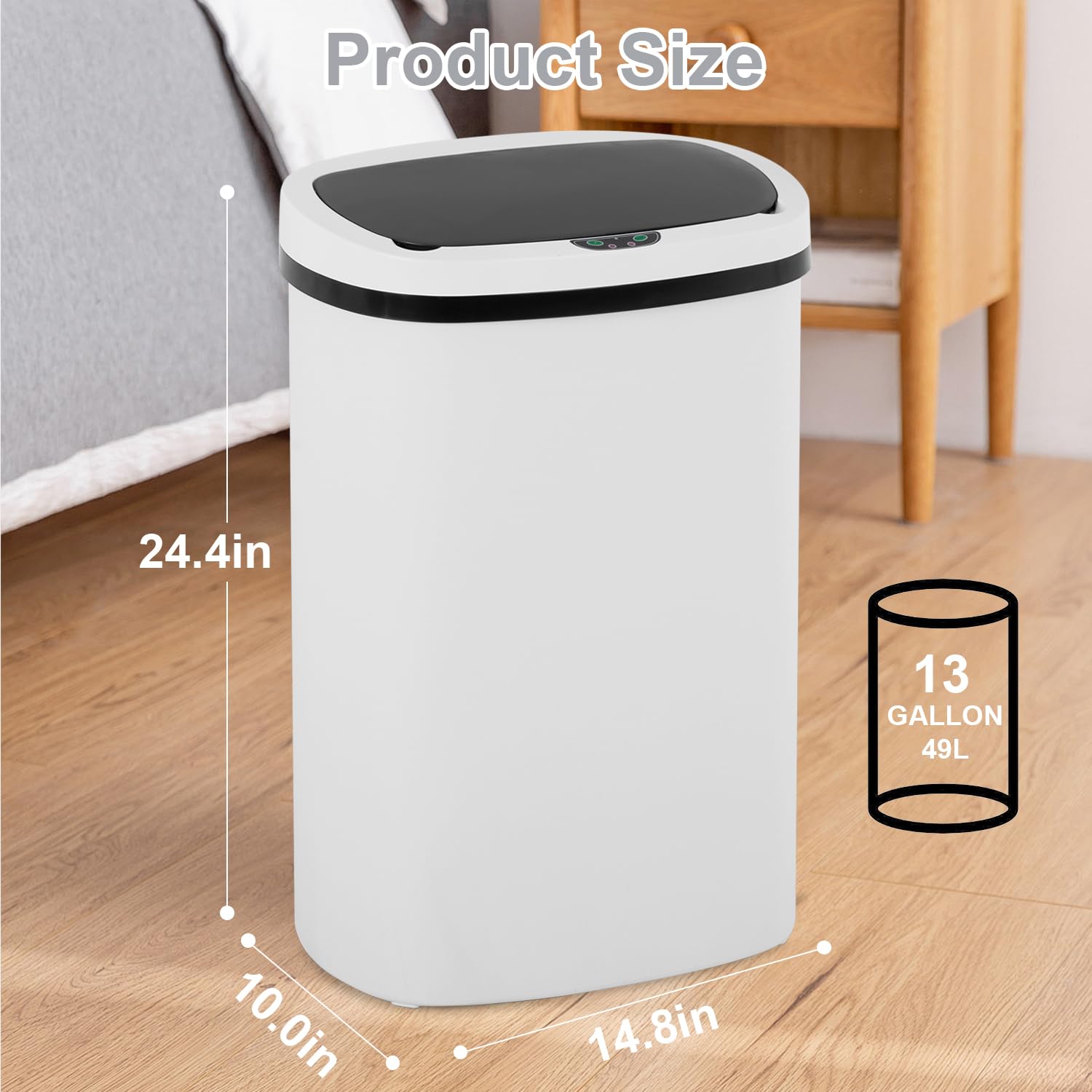 13 Gallon 50 Liter Garbage Can Kitchen Trash Can with Lid Automatic Sensor Touch Free Stainless Steel Waste Bin for Bathroom Bedroom Home Office,Black - PuriLite