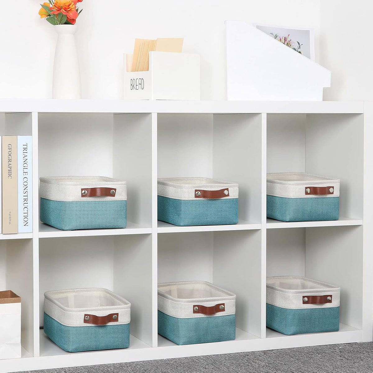 DULLEMELO Storage Baskets for Shelves, Fabric Collapsible Rectangular Storage Bins for Shelves, Closets, Nursery, Home, Office, Empty Gift Baskets (White&Teal) - PuriLite