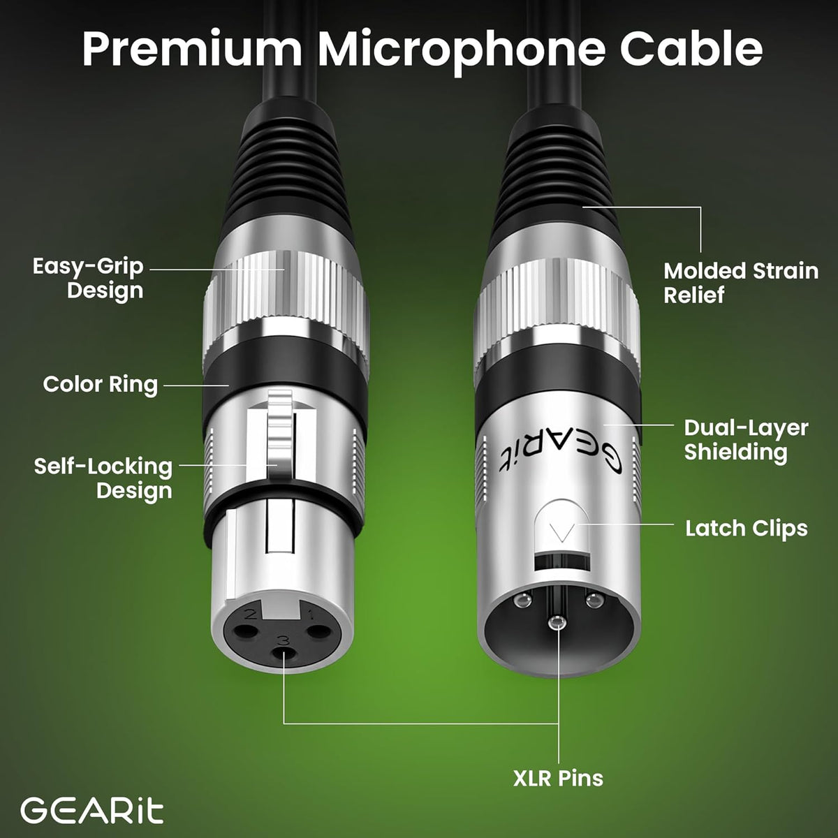 GEARit XLR Male to Female Microphone Cable (10 Feet, 6-Pack) 3-Pin Balanced Shielded Mixer, Recording Studio, Podcast - Black - PuriLite