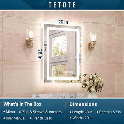 TETOTE LED Bathroom Mirror 20x28 Frontlit & Backlit Lighted Vanity Mirror Anti Fog Stepless Dimmable 3 Colors White/Warm/Natural,Double Lights,Wall-Mounted(Horizontal/Vertical) - PuriLite