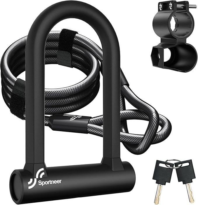 Sportneer Bike Lock: 17mm Heavy Duty Bike U Lock - High-Security Anti-Theft with 12mm x1.5m Steel Cable, 8''x5'' Compact Design, Includes Mounting Bracket for Mountain/Road/Folding/Electric Bikes - PuriLite