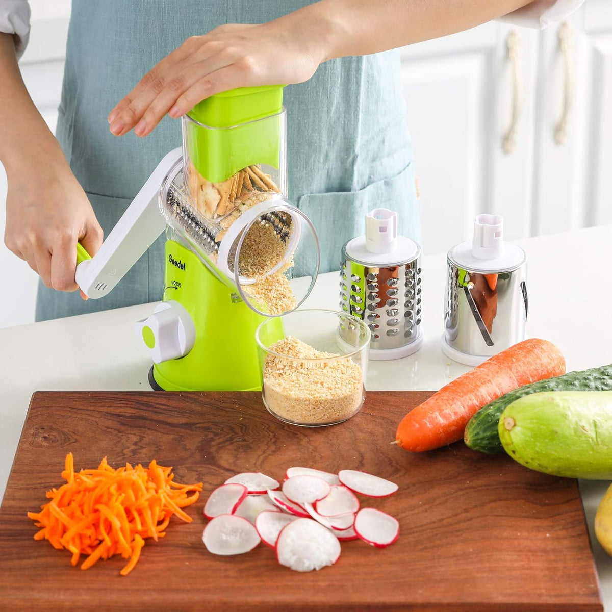Geedel Kitchen Cheese Grater, Rotary Mandoline Vegetable Slicer with Interchangeable Blades, Easy to Use Rotary Grater Slicer for Fruit, Vegetables, Nuts - PuriLite