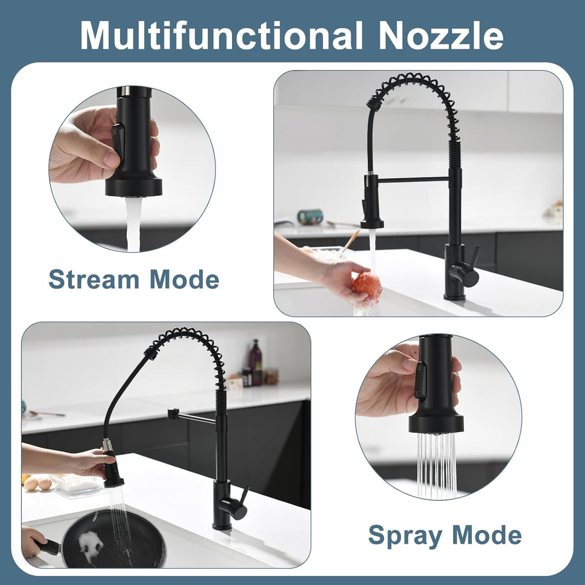 GIMILI Matte Black Kitchen Faucet with LED Light,Single Hole Spring Kitchen Sink Faucet with Pull Down Sprayer - PuriLite