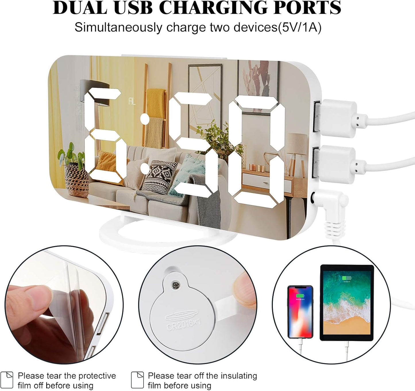 Digital Alarm Clock,Large LED Mirror Display, 2 USB Charging Ports，Auto Dim Mode，Modern Design Clock for Bedroom Office, White - PuriLite