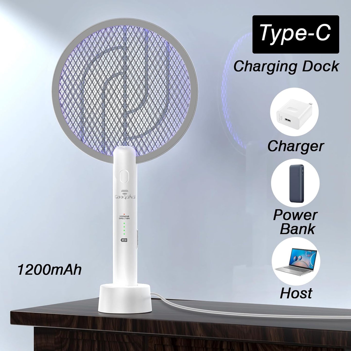 Gooqand Bug Zapper Racket, 2 in 1 Electric Fly Swatte with 3 Layer Safety Mesh, 4000V Fly Zapper with USB Rechargeable, Indoor Outdoor Fly Racket for Bedroom, Kitchen, Camping - PuriLite