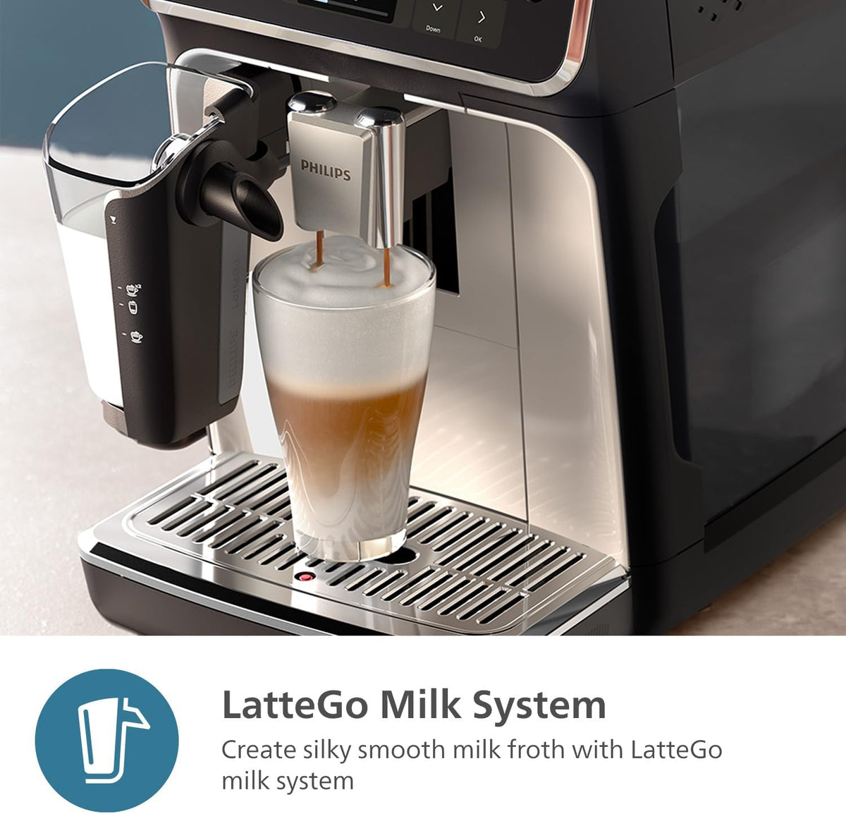PHILIPS 5500 Series Fully Automatic Espresso Machine - LatteGo Milk System, 20 Coffee Varieties, Intuitive Touch Display, SilentBrew, 100% Ceramic Grinder, AquaClean Filter, Grey Chromed (EP5544/90) - PuriLite
