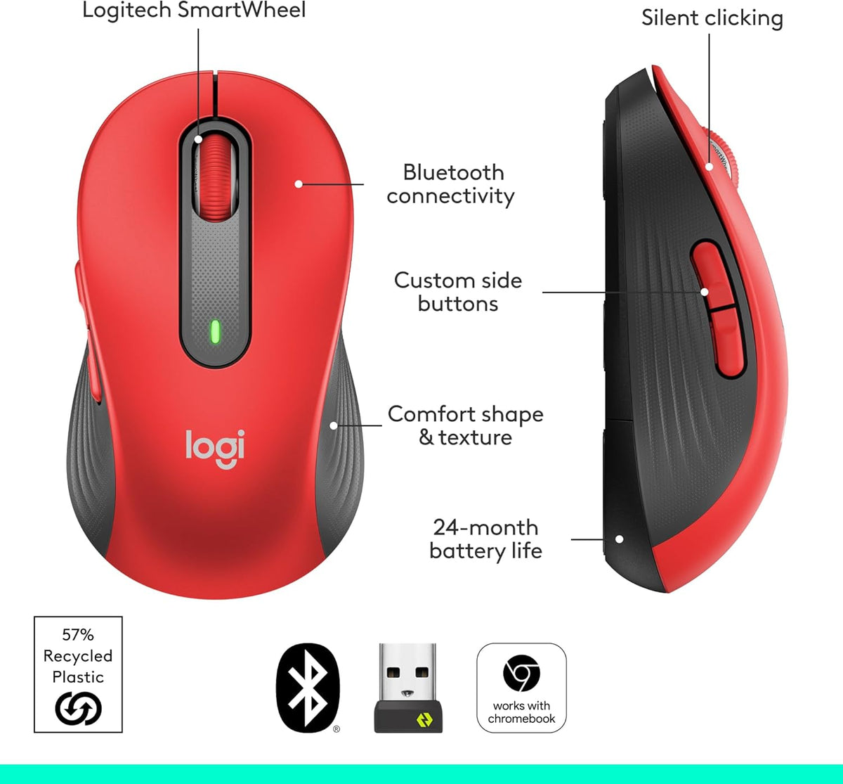 Logitech Signature M650 L Full Size Wireless Mouse - For Large Sized Hands, 2-Year Battery, Silent Clicks, Customizable Side Buttons, Bluetooth, for PC/Mac/Multi-Device/Chromebook - Black - PuriLite