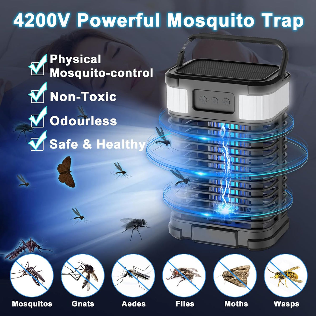 Mosquito Zapper, Solar Bug Zapper 4200V Cordless & Rechargeable Bug Zapper Outdoor with LED Light, Portable Waterproof Electric Fly Zapper with Hook, for Patio Camping Backyard Garden - PuriLite