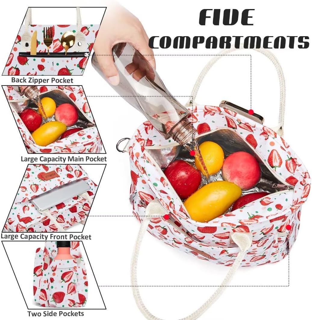 Lunch Bag for Women, Insulated Lunch Box for Work, Large Leakproof Cooler Purse with Side Pockets & Removable Shoulder Strap Women's Lunch Tote Bag for Picnic Work Beach Cute Lunch Bags (Heart) - PuriLite