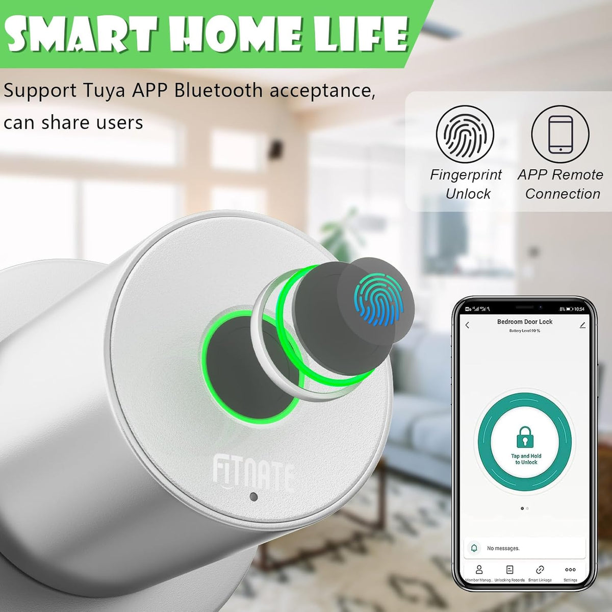 FITNATE Fingerprint Door Knob, Smart Biometric Door Lock with App Control, Keyless Entry Door Knob with Bluetooth Digital Code, Touch to Open Knob for Bedroom,Home,Hotel,Office, Black - PuriLite