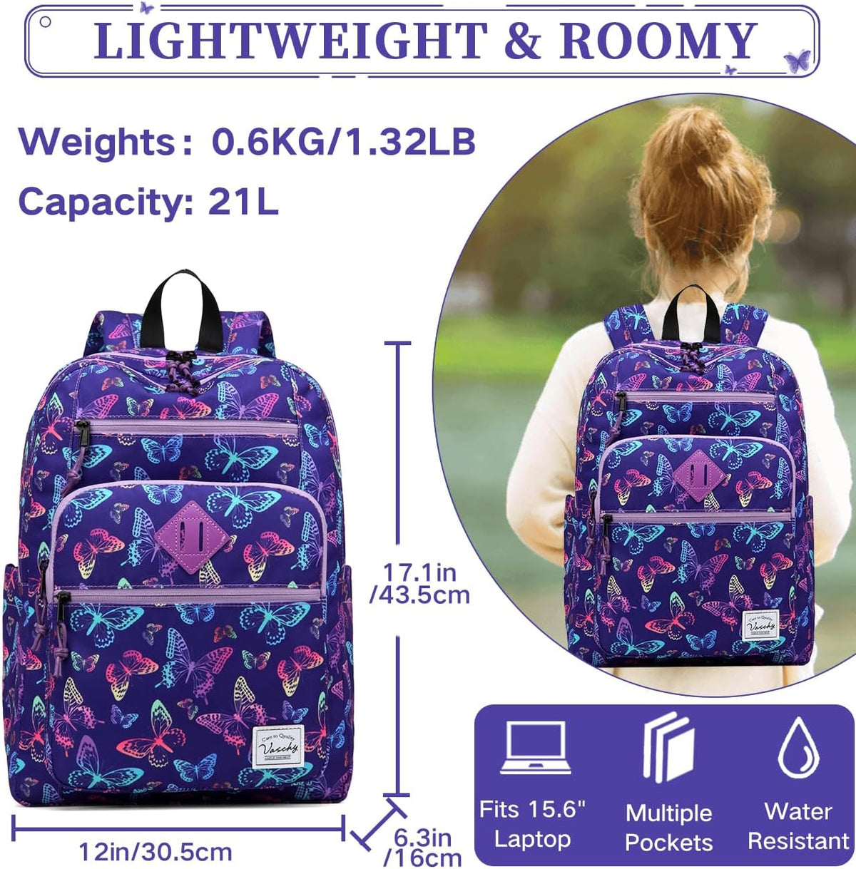 School Backpack for Men Women,Vaschy Lightweight School Bag Bookbag Casual Daypack for High School/College/Teens/Travel/Work - PuriLite