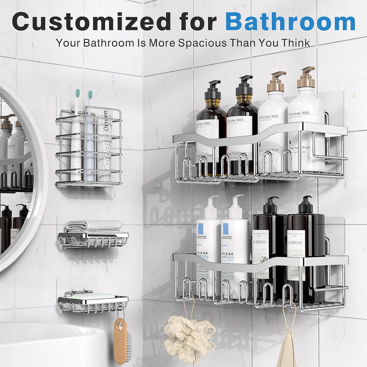 EUDELE 5-Pack Rustproof Stainless Steel Shower Caddy – No Drill Adhesive Bathroom Organizer with Large Capacity, Spacious Shower Shelves for Inside Shower, Kitchen & Home Decor Storage - PuriLite