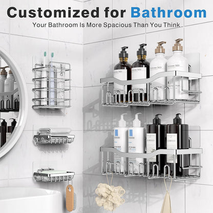 EUDELE 5-Pack Rustproof Stainless Steel Shower Caddy – No Drill Adhesive Bathroom Organizer with Large Capacity, Spacious Shower Shelves for Inside Shower, Kitchen & Home Decor Storage - PuriLite