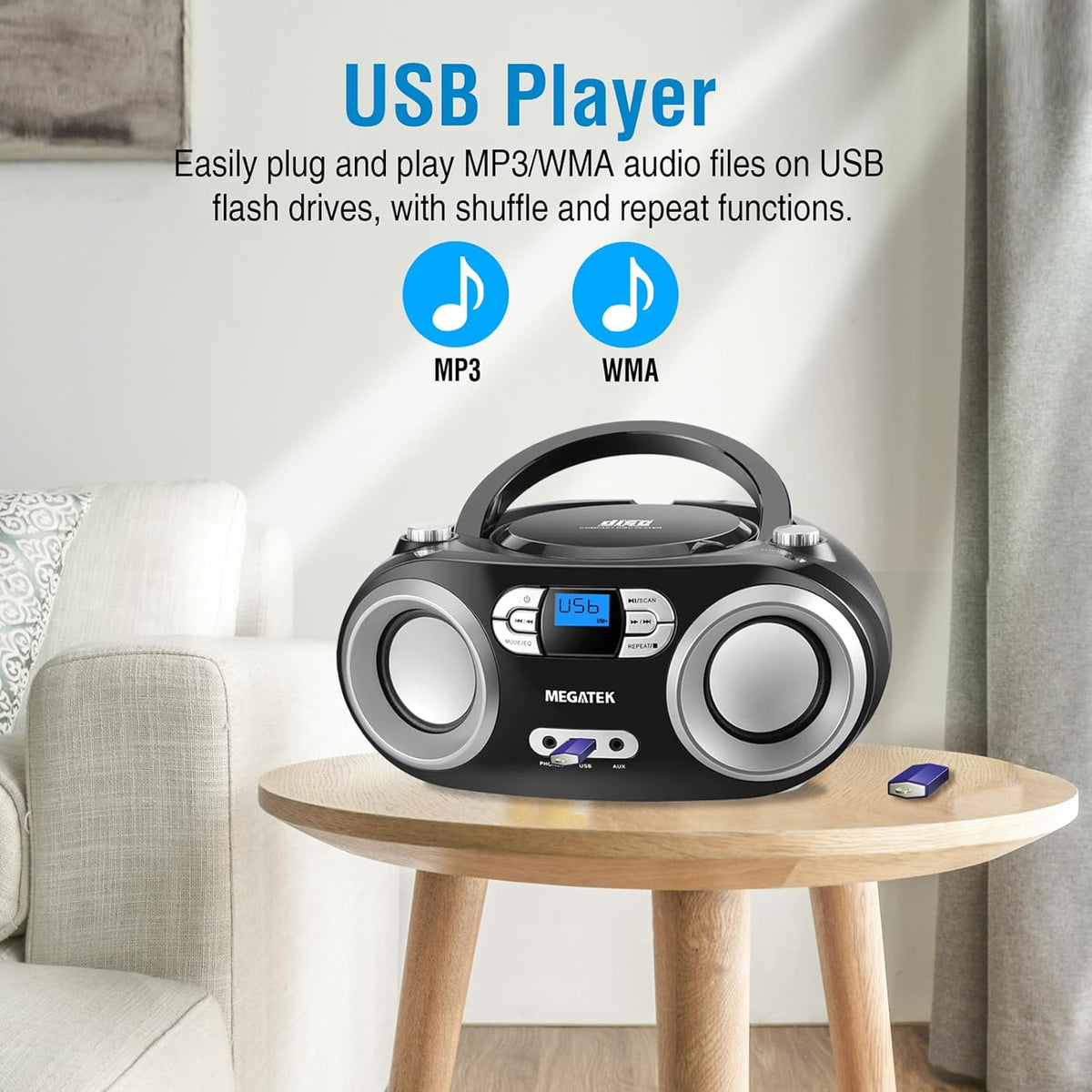 MEGATEK Portable CD Player Boombox with FM Radio, Bluetooth, USB Port, AUX Input, and Headphone Jack – CD-R/CD-RW/MP3-CD Compatible, Clear Stereo Sound, Backlit LCD Display – Black - PuriLite