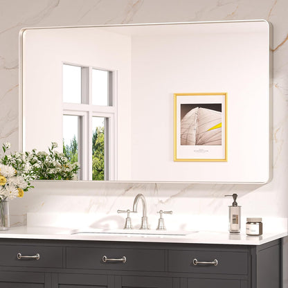Keonjinn 42 x 36 Brushed Nickel Bathroom Vanity Mirror, Large Rounded Rectangle Bathroom Mirrors for over Sink, Metal Framed Silver Mirror for Wall, Shatterproof HD Tempered Glass(Horizontal/Vertical) - PuriLite