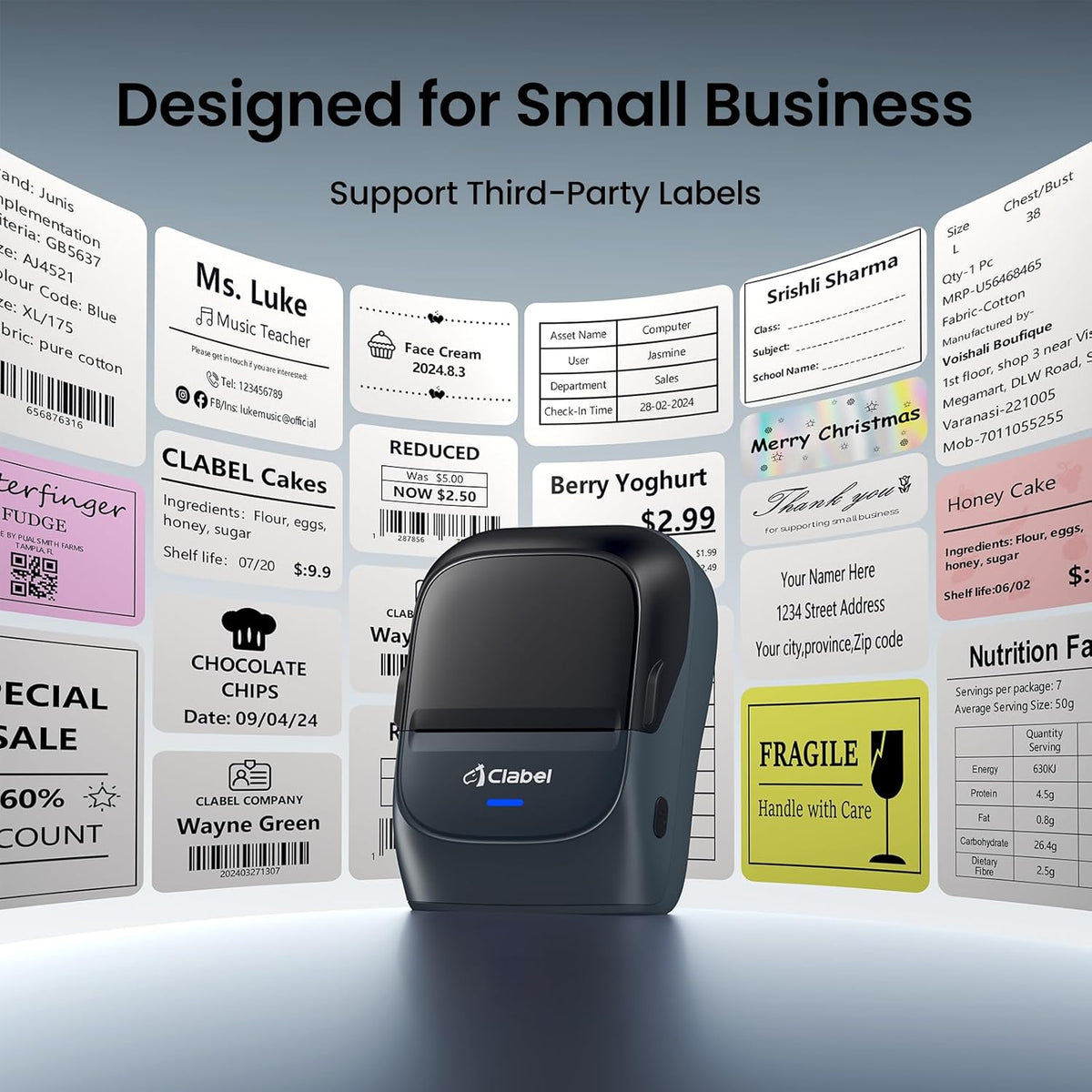 Bluetooth Thermal Label Maker Printer, Portable Mini Sticker and Barcode Printer with Included Label Roll for Home and Office - PuriLite
