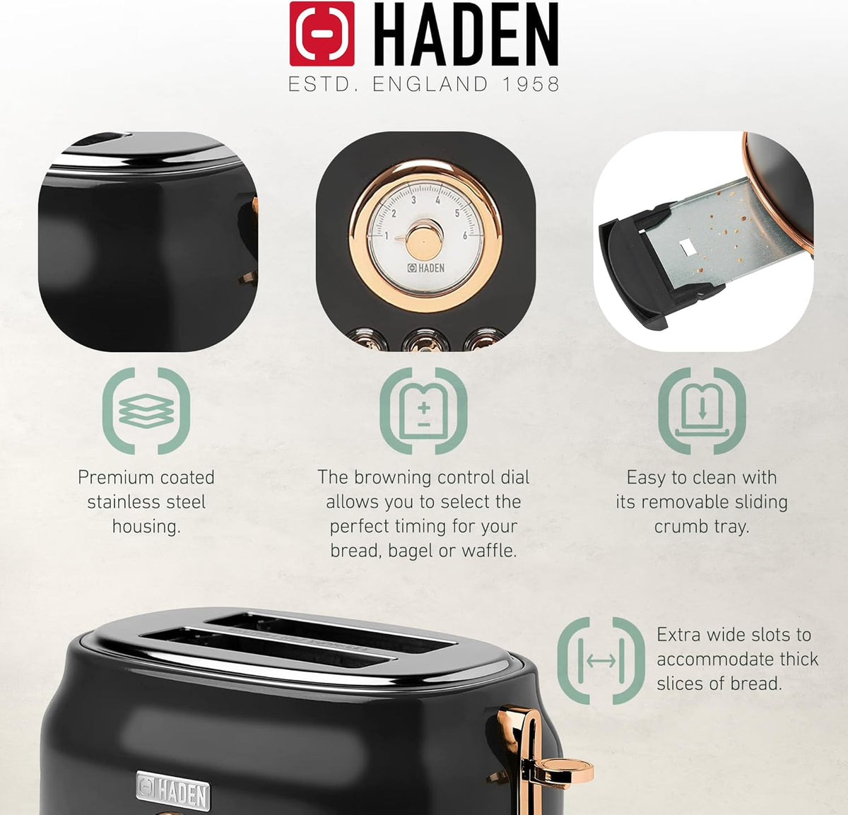Haden Dorset 75083 Stainless Steel 1500W Retro Toaster 4 Slice Wide Slot w/Removable Crumb Tray and Settings, Black/Copper Toasters w/Adjustable Browning Control, Smart Toaster - PuriLite