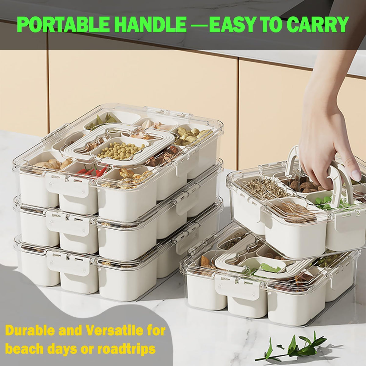KIGITIONE Snackle Box, Pink 8 Compartments Portable Serving Tray, Divided Snackle Box Container with Lid and Handle, Snack Organizer for Fruits, Snacks, Nuts, Candy, Ideal for Party, Travel & Picnics - PuriLite