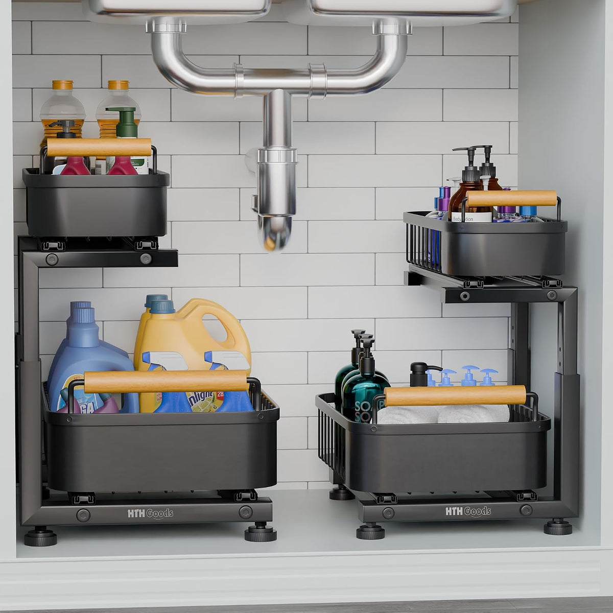 Premium Large Under Sink Organizer, 2-Tier Pull Out, Adjustable Heavy-duty carbon steel, 7 adjustable heights, smooth ball-bearing baskets for kitchen and bathroom cabinets