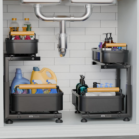 Premium Large Under Sink Organizer, 2-Tier Pull Out, Adjustable Heavy-duty carbon steel, 7 adjustable heights, smooth ball-bearing baskets for kitchen and bathroom cabinets