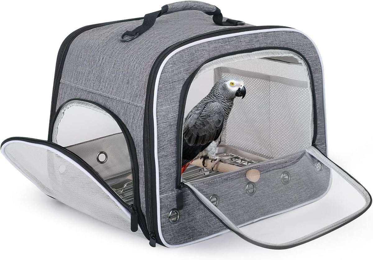 Bird Travel Carrier Cage for Large Size Parrot, Portable Bag with Metal Tray and Grate to Carry and Transport Medium to African Grey, Long Tail Cockatiel and Parrot, Feather Grey