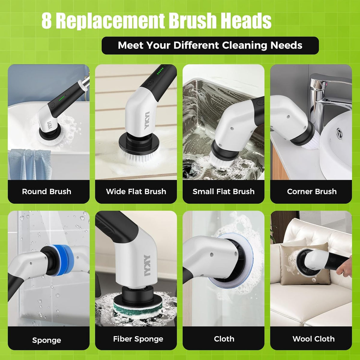YKYI Electric Spin Scrubber,Cordless Electric Cleaning Brush,Shower Scrubber with 8 Replaceable Brush Heads,Power Scrubber 2 Adjustable Speeds,Bathroom Brush with Long Handle for Bathtub,Tile,Floor - PuriLite