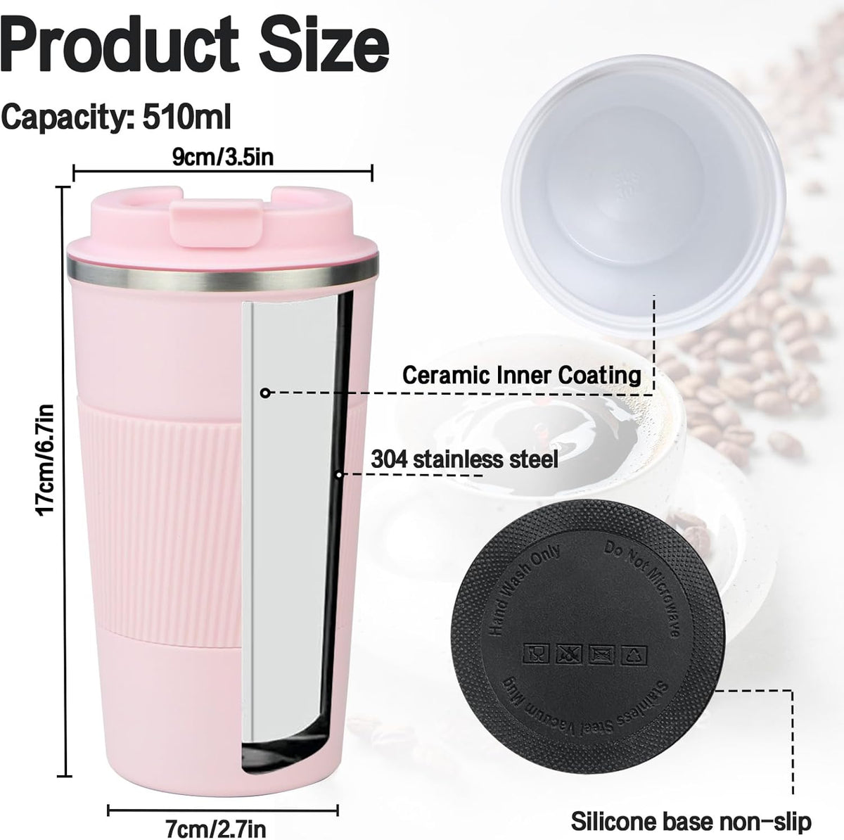 18oz Mug with Ceramic Coating Inside, Insulated Coffee Mug with Lid, Leak Proof Coffee Travel Mug, Travel Coffee Mug Fits in Car Cup Holder - PuriLite
