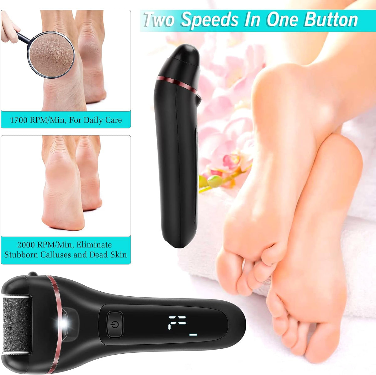 Electric Callus Remover for Feet, 2 Speed Electric Foot File, Rechargeable Foot Scrubber Pedicure kit for Cracked Heels and Dead Skin with 3 Roller Heads. - PuriLite