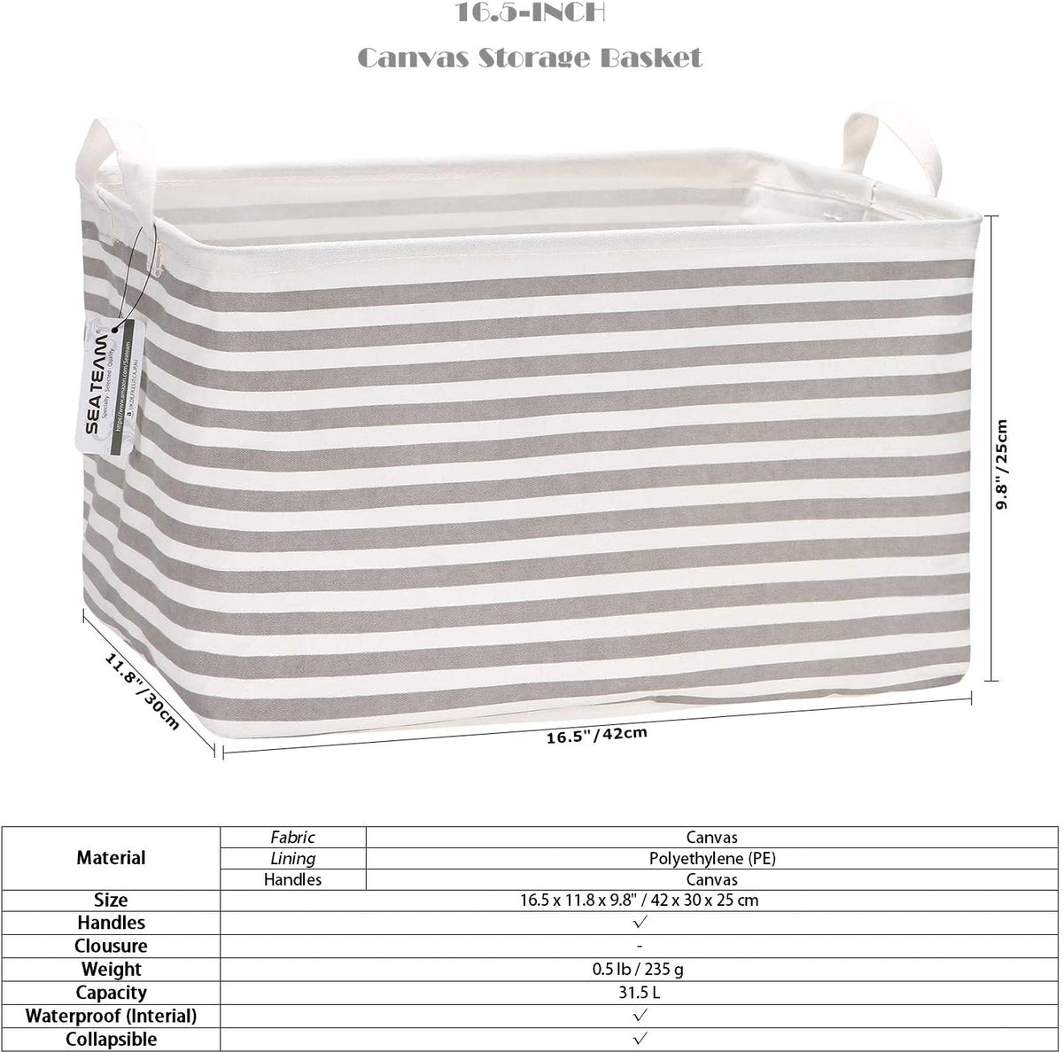 Sea Team 16.5 x 11.8 x 9.8 inches Square Canvas Fabric Storage Bins Shelves Storage Baskets Organizers for Nursery & Kid's Room, Grey Stripe - PuriLite