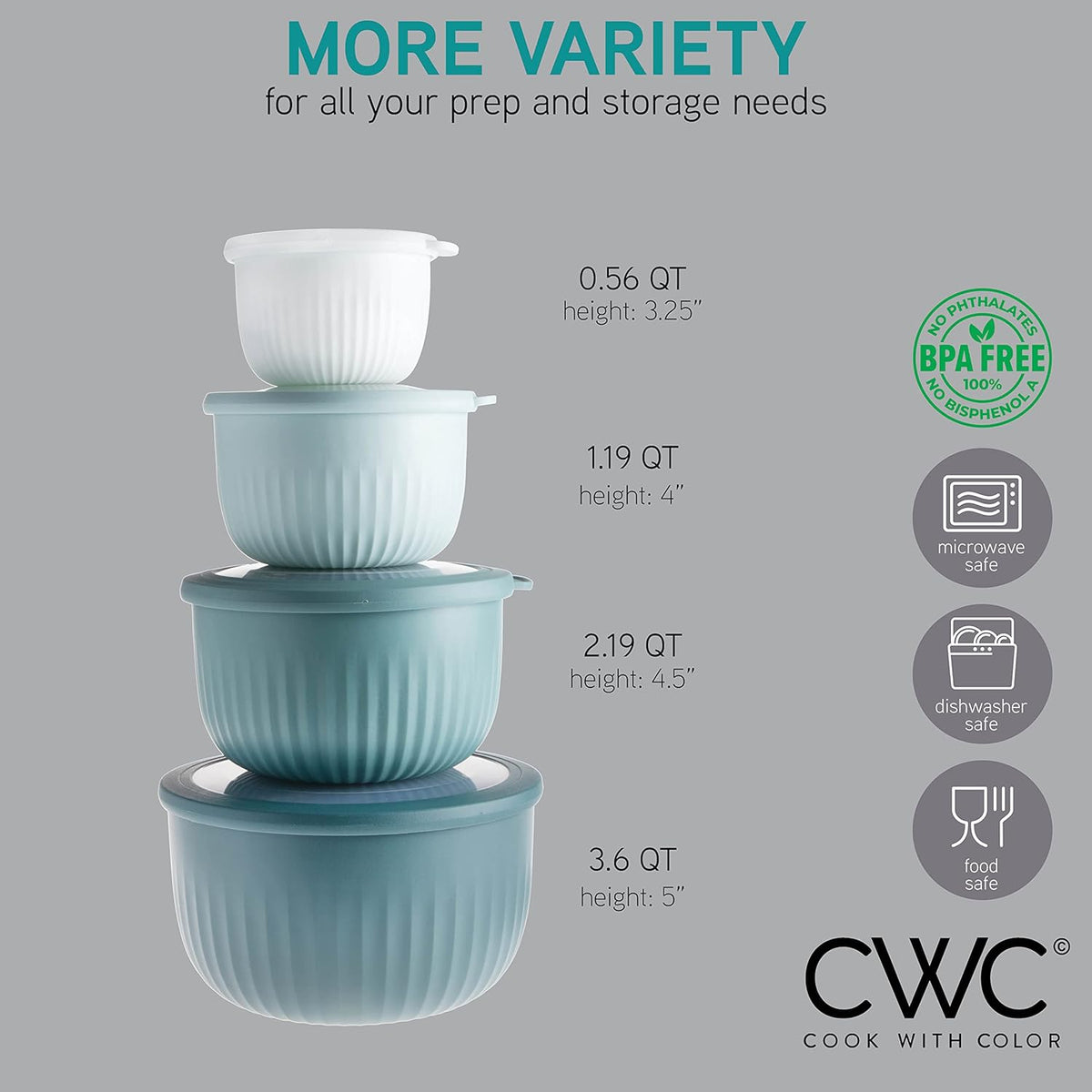 COOK WITH COLOR Prep Bowls with Lids- 8 Piece Nesting Plastic Small Mixing Bowl Set with Lids (Teal Ombre) - PuriLite