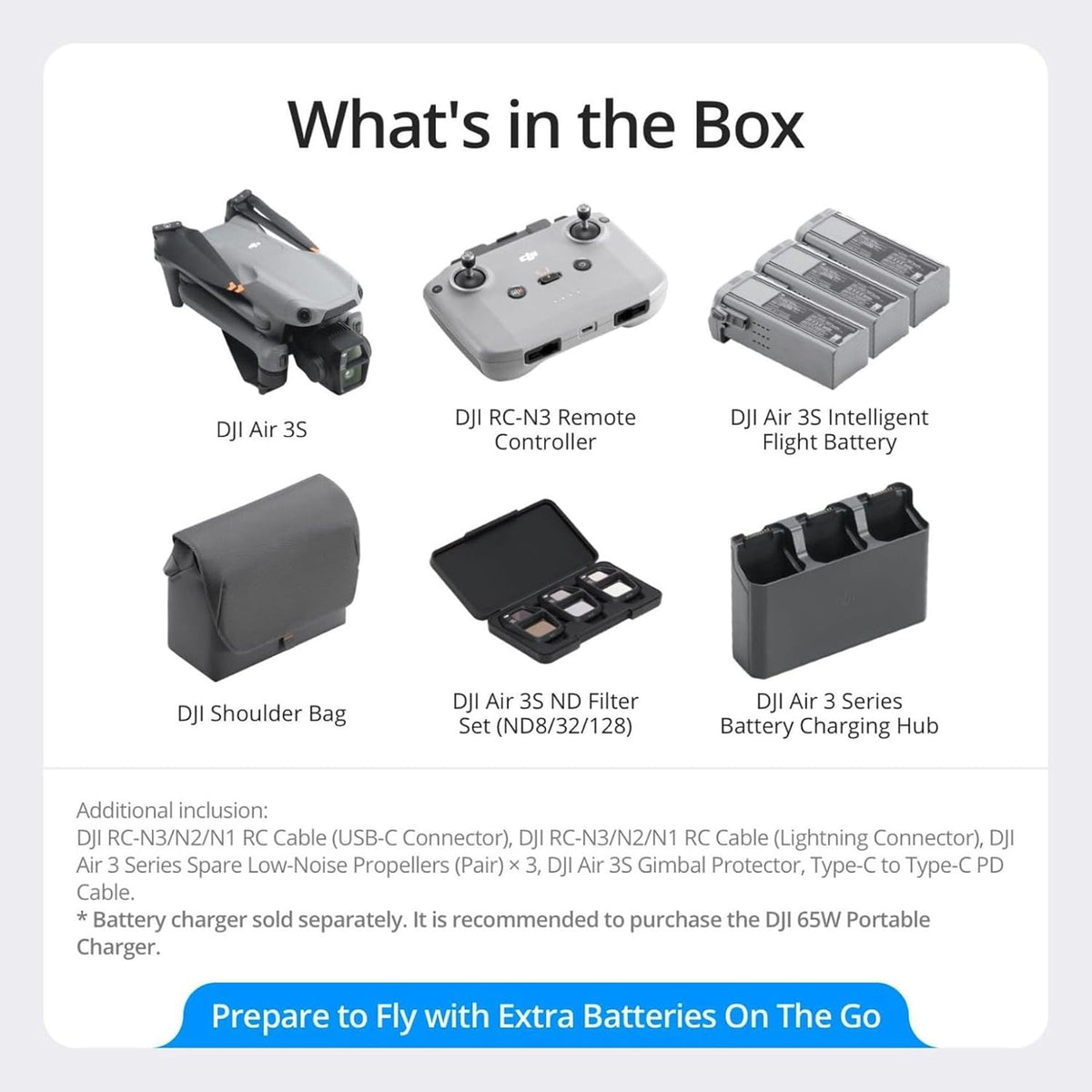 DJI Air 3S Fly More Combo (RC 2 Screen Remote Controller), Drone with 1" CMOS Wide-Angle & Medium Tele Camera for Adults, 4K/60fps, Omnidirectional Sensing & 3 Batteries for Extended Flight Time - PuriLite