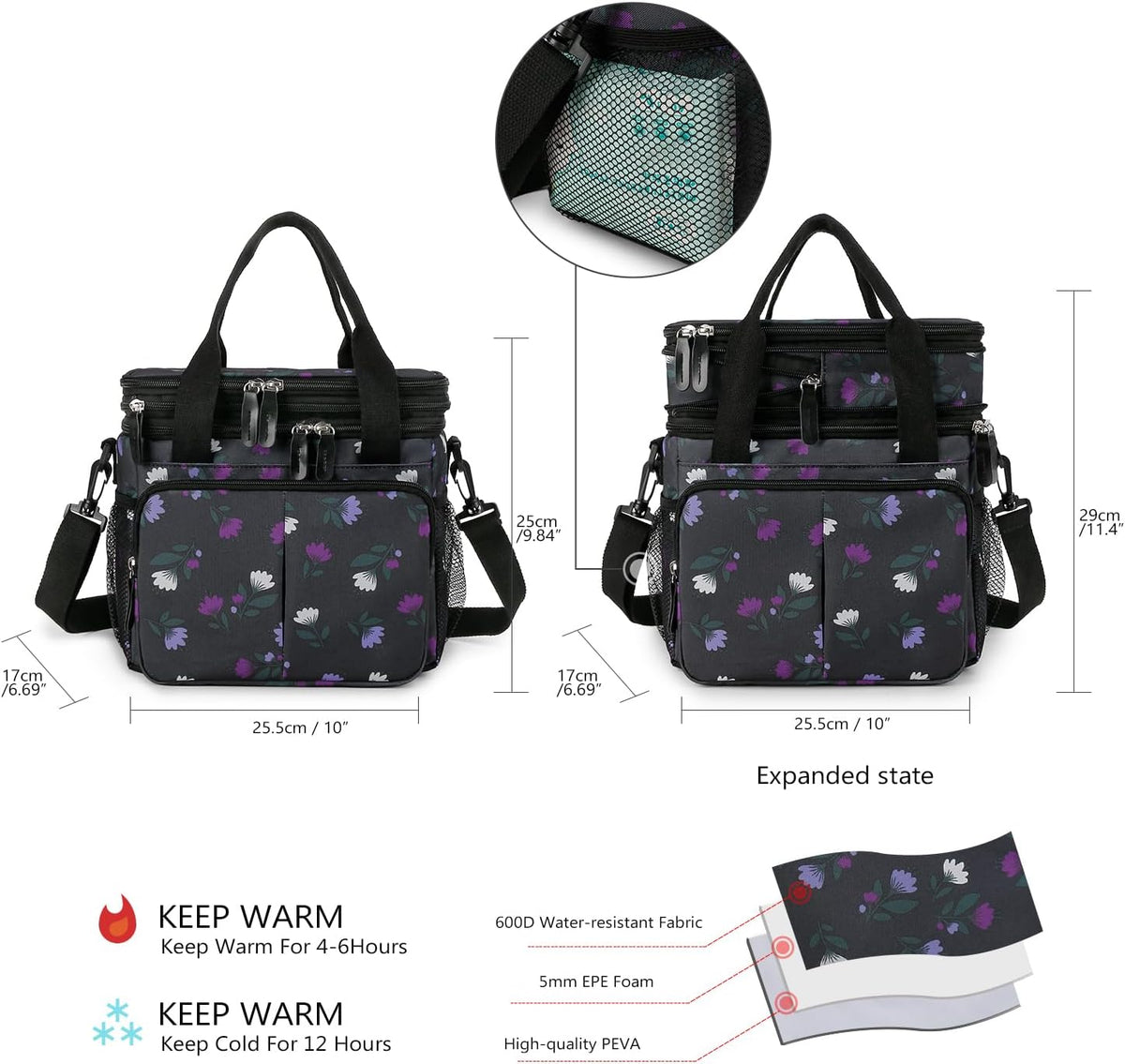 Lunch Bag Women Insulated Lunch Box for Work, Purple Expandable Large Lunch Bags, Leakproof Double Deck Lunch Box Cooler Bag（Purple） - PuriLite