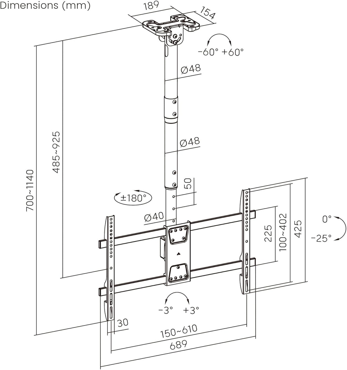 PrimeCables Ceiling TV Mount, Full Motion Hanging TV Mount Bracket for Most 43-86 Inch LED, LCD, OLED Curved/Flat Screen TVs up to VESA 600x400mm and 132 Lbs - PuriLite