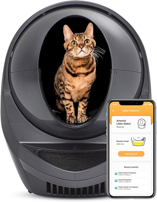 Litter-Robot 3 Connect by Whisker (Grey) Automatic Self-Cleaning Cat Litter Box, WiFi Enabled, Works with Any Clumping Litter, Never Scoop Again - PuriLite