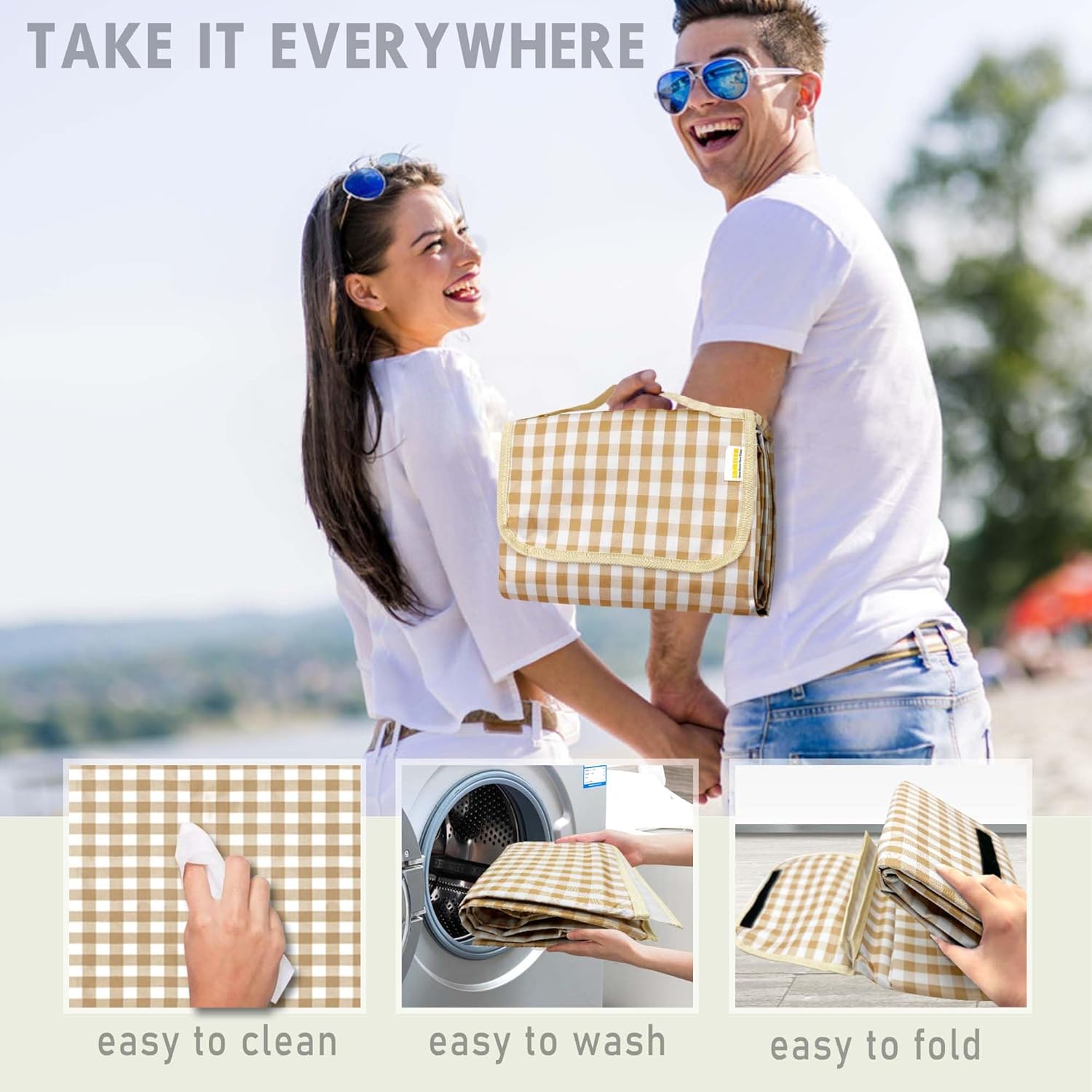 SAMSIER Large Outdoor Picnic Blankets Waterproof Foldable, Beach Blanket Sandproof Portable, Cute Picnic Mat Washable (Navy Blue, 60"×80") - PuriLite