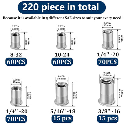 Vifmy Metric & SAE Rivet Nut Assortment Kit(420 Pcs),m3 m4 m5 m6 m8 m10 m12#6-32#8-32#10-24 1/4"-20 5/16"-18 3/8"-16 UNC Flat Head Rivnut Set,Zinc Plated Finish Carbon Steel Nutsert - PuriLite