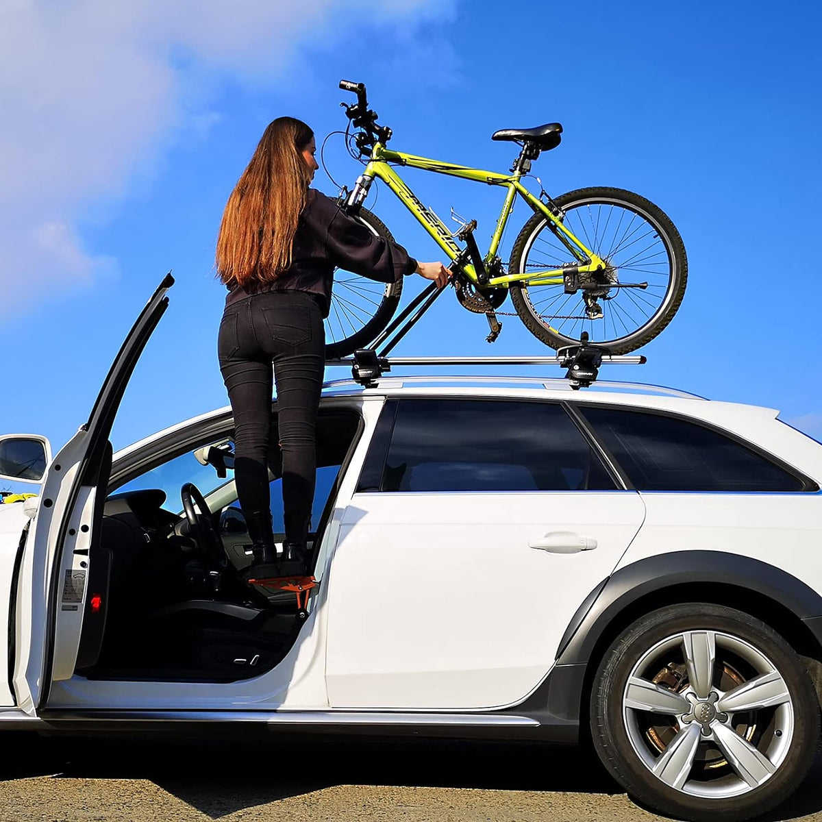 TOOENJOY Universal Fit Car Door Step, Foldable Roof Rack Door Step Up on Door Latch, Supports Both Feet, Easy Access to Rooftop for Most Car, SUV, Truck, Max Load 400 lbs (Orange)